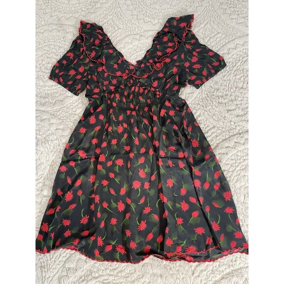 J Crew Ruffle-Collar Mini Dress in Painted Daisy Print Black and Red Sz 10 - Picture 8 of 8